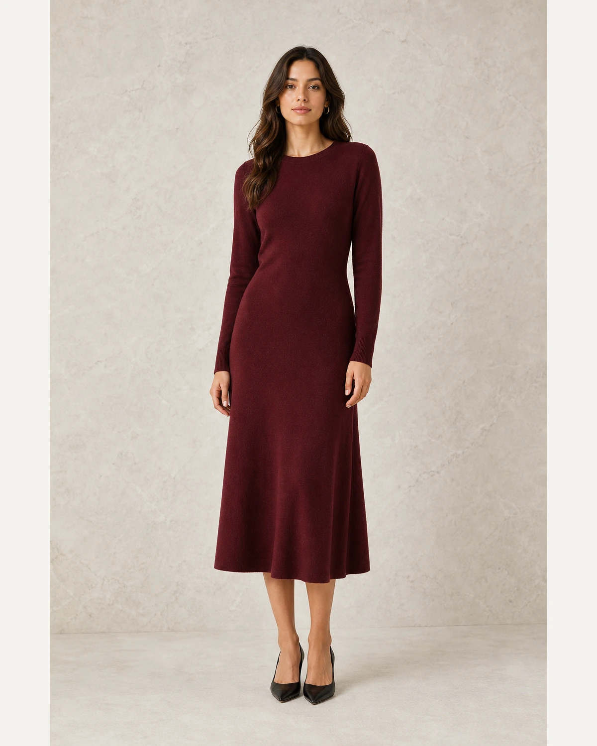 AI model wearing the burgundy dress